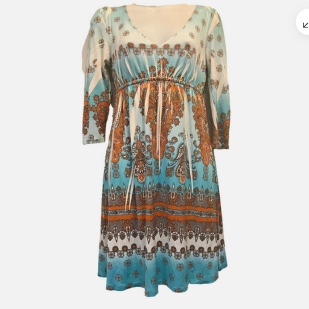 EUC OPHELIA paisley floral boho poly spandex knit mini DRESS M